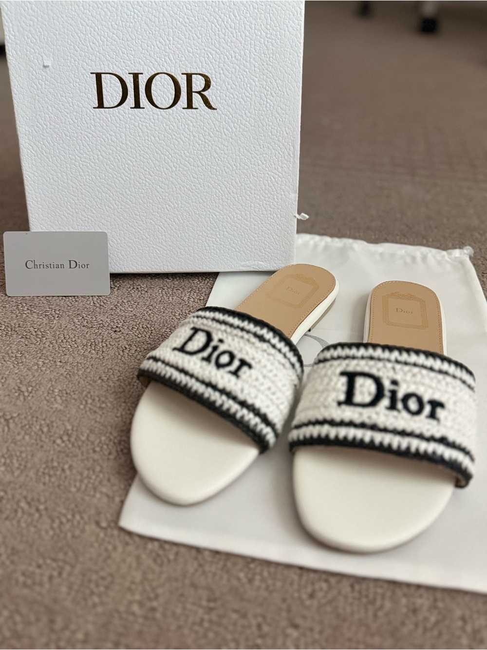 Dior Black & White Knit Logo Slide Sandals
